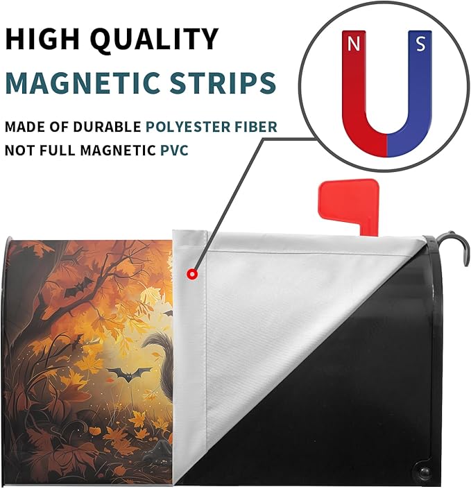 Halloween Cat Magnetic Mailbox Covers Spooky Kitten Pumpkin Waterproof Letter Box Cover Standard Size Fall Maple Leaf Forest Bat Decorative Holiday Post Wraps for Home Garden Yard Outdoor 21x18 Inch