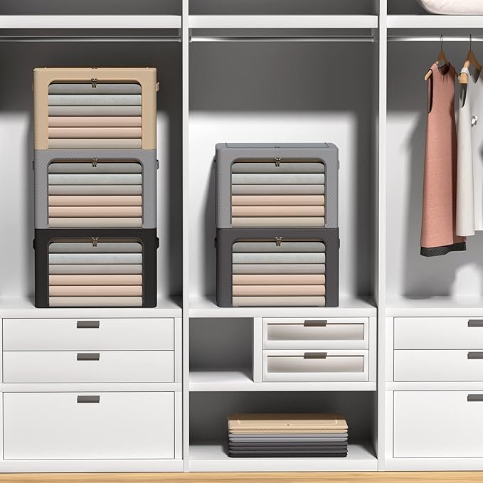 3Pack Frame Storage Box - Clothes Storage Bin Bags Oxford Fabric Foldable Stackable Container Organizer Set with Clear Window & Carry Handles (Grey, Medium-44L)