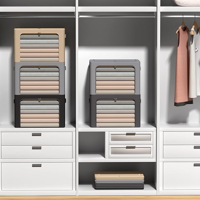 3Pack Frame Storage Box - Clothes Storage Bin Bags Oxford Fabric Foldable Stackable Container Organizer Set with Clear Window & Carry Handles (Black, Large-66L)