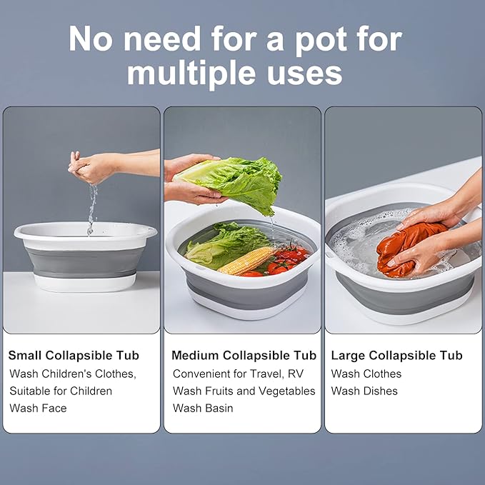 Collapsible Tub Wash Basin Laundry Tub 3 Pack Collapsible Laundry Baskets Foldable Dish Tub Plastic Washtub Space Saving Storage Container for Dishing, Fruit, Camping, Laundry, Hiking & Home (Grey)