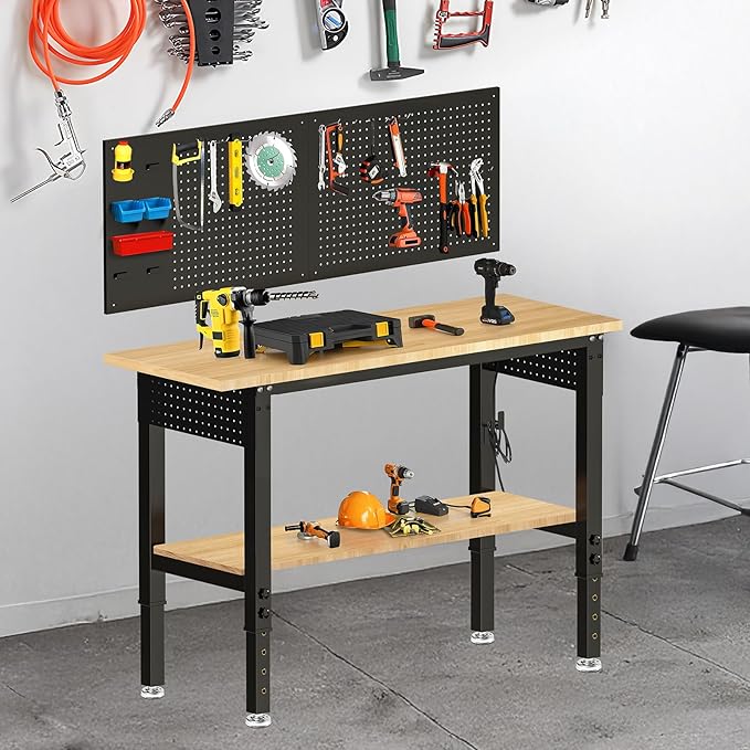 48“ Adjustable Height Workbench Work Bench for Garage Work Table with Under Table Shelf Heavy Duty Rubber Wood Top for Shop Woodworking, Office, Home, Commercial