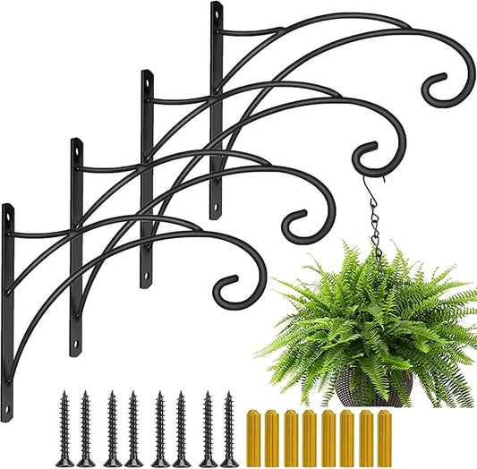 Hanging Plant Brackets, Pack of 4 Iron Hanging Basket Bracket Durable Weather-Resistant Outdoor Plant Hooks for Hanging Plant Lantern Windchime Birdhouse Metal Sign Fruit Bracket, Screw Included