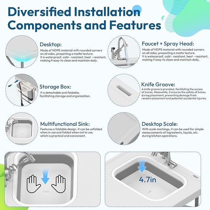 HLPB Fold in Half Folding Fish Cleaning Table with Sink, Foldable Protable Camping Sink Table with Drainage Hose & Fish Cleaning Kit, Fish Fillet Cutting Desk for Picnic Patio Backyard BBQ, White