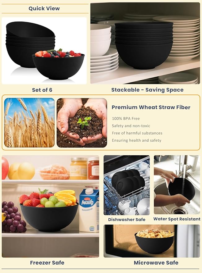 Homienly Wheat Straw Salad Bowls Set of 6, Alternative to Plastic Bowls Reusable, Microwave and Dishwasher Safe Bowl Set, 40 OZ Large Capacity for Cereal, Soup, Popcorn, Ramen, Anti-Slip Texture-Black