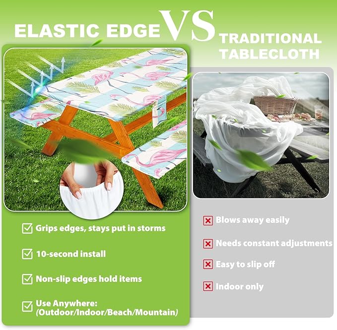 Fitted Picnic Table Cover with Bench Covers Set, Waterproof Lightweight Rectangle 96in Folding Table Cloths Canopy Shade Slipcover Cool Unique Fun Camping Gift for Camper Women Men Family Rv Owners
