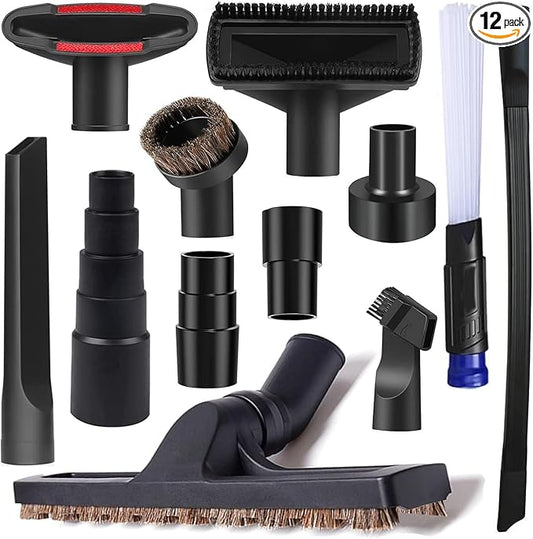 12Pcs Universal Vacuum Attachment Professional Shop Vac Accessories Wet Dry Vacuum Hose Adapter with Hair Brush Extension Wand Flexible Crevice Tool fit 2 1/2" to 1 1/4" and 1 7/8" to 1" Vacuum Hose