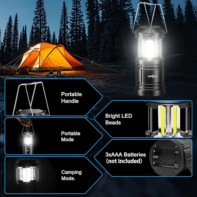 LED Camping Lantern, Battery Operated Lights, Adjustable Brightness for Camping, Emergencies, Power Outages, Outdoor Collapsible Lanterns, 2 Pack