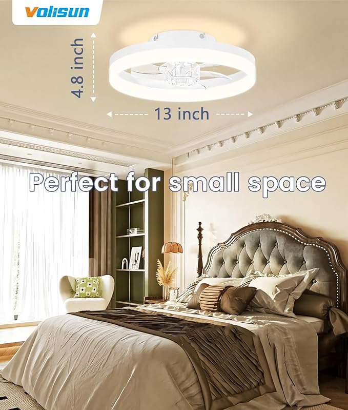 VOLISUN 13 inch Small Ceiling Fans with Lights and Remote, Low Profile Ceiling Fans with Light, 3000K-6500K Dimmable LED Ceiling Light Flush Mount, Bladeless Fandelier Ceiling Fan (White)