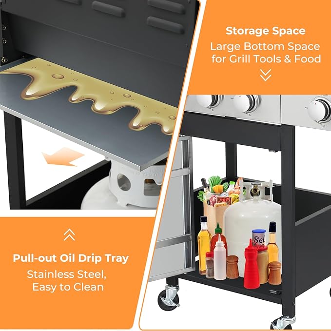 3 Burner Gas Grill with Side Burner, Dual-sided Frying Plate, Thermometer, Wheels, Side Tables, Stainless Steel Burner, 37,230 BTU Outdoor Grill for Patio, Garden, Balcony