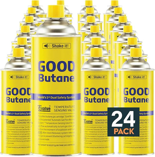 8oz Butane Fuel Canisters Cylinders with Dual Safety System (24 Pack)