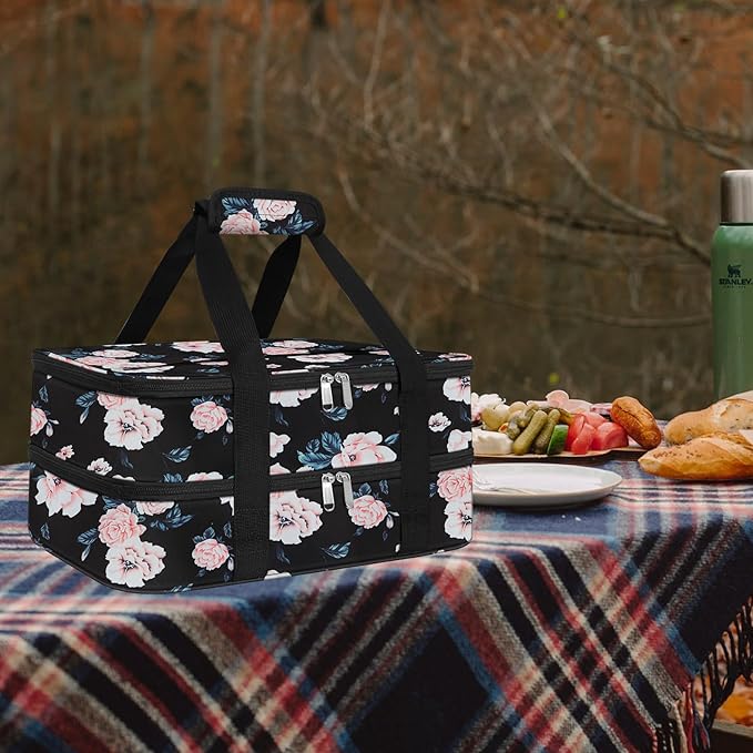 esouler Double Insulated Casserole Carrier Bag Hot & Cold Food Carrier Bag Lasagna Holder Lunch Bag for Picnics, Parties, Travel, Fits 9 x 13 Inches Casserole Dish-Flower