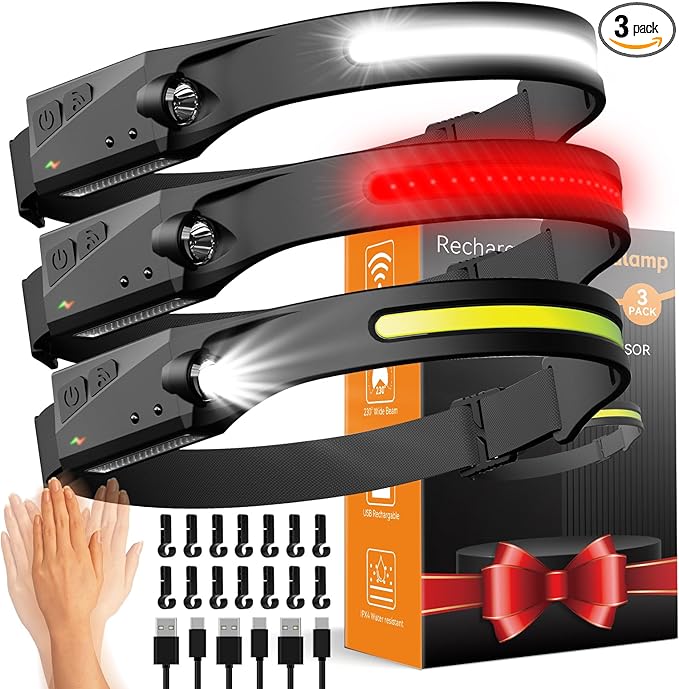 Headlamp Rechargeable 3 Pack, 230° Wide Beam Running Head Lamp Hands Free for Adults, Head Lights for Forehead, Head Flashlight with Hard Hat Clips for Runners, Hunting, Hiking, Camping