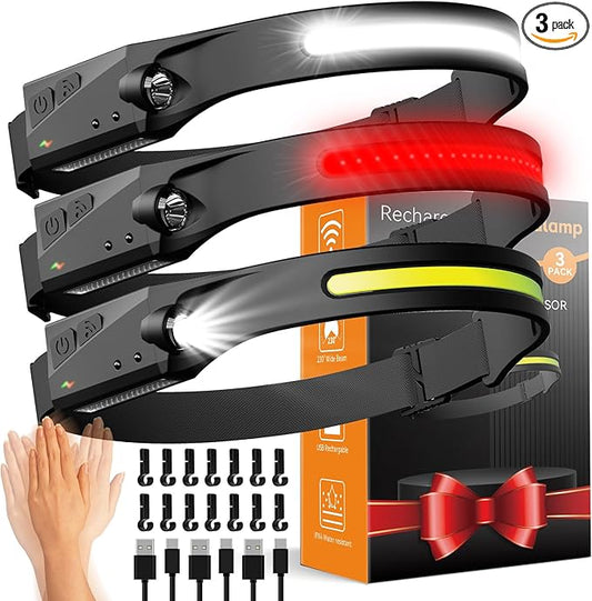 Headlamp Rechargeable 3 Pack, 230° Wide Beam Running Head Lamp Hands Free for Adults, Head Lights for Forehead, Head Flashlight with Hard Hat Clips for Runners, Hunting, Hiking, Camping