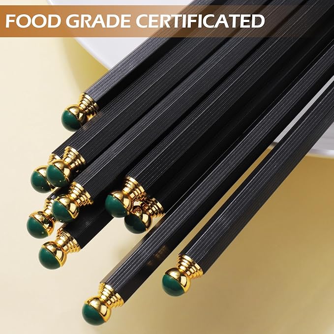 GLAMFIELDS 5 Pairs Premium Chopsticks Reusable Dishwasher Safe 10.5 Inch Gift Set Hexagon Black Chop Sticks with the Green Tops