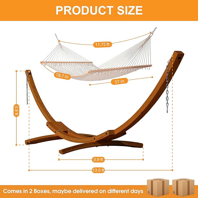 Lazy Daze Hammocks 12 FT Double Rope Hammock and 13 FT Brown Wooden Arc Stand, 2 Person Hand Woven Cotton Hammock with Spreader Bar for Outdoor Patio Poolside, 450 lb Capacity, Natural