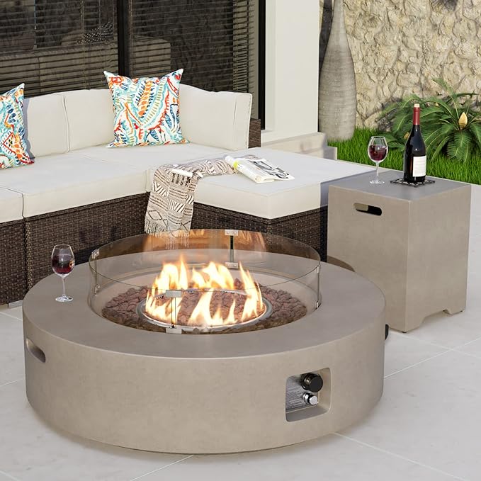 COSIEST 2-Piece Outdoor Propane Firepit Table Set w Tank Table, CSA Certified 42" Fire Table CSA Certified, 50,000 BTU w Gray Round Base,Wind Guard and 16 inches Tank Side Table 20lb for Garden,Pool