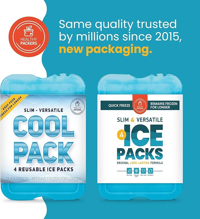 Healthy Packers Ice Packs for Lunch Boxes & Coolers - Freezer Packs - Original Cool Pack | Cooler Accessories for Beach, Camping & Fishing | Slim & Long-Lasting Reusable Ice Pack for Cooler