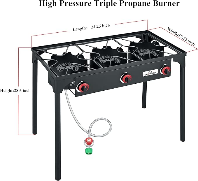 High Pressure Triple Propane Burner Outdoor Propane Camping Stove with 0-20 PSI Adjustable High Pressuer Regulator and Steel Braided Hose 3 Burner Stove Brewing Supply SA3500