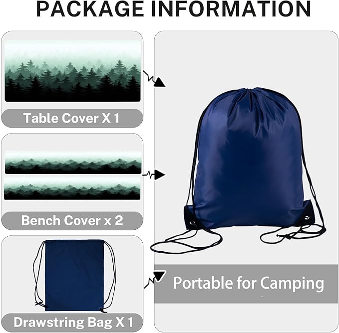 CAPSCEOLL Fitted Picnic Table Cover with Bench Covers with Elastic 8Ft Waterproof Camping Picnic Table Cover Cloths for Outdoors Camping Tablecloth with Drawstring Bag, 96X30in, Green Forest