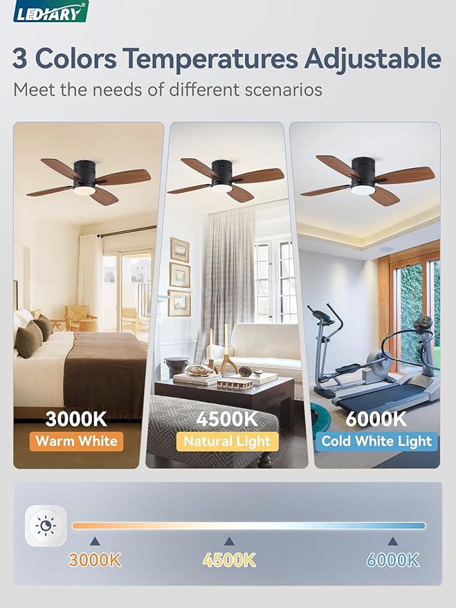 LEDIARY 42 inch Ceiling Fans with Lights and Remote Control,Flush Mount Ceiling Fan with Quiet Reversible DC Motor,Black Modern Low Profile Ceiling Fan with Light for Bedroom Living Room Patio