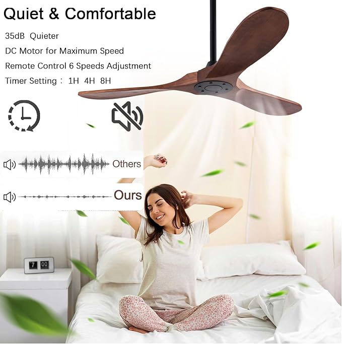 42" Wood Ceiling Fan No Lights with Remote Control, Wooden 3 Blades Ceiling Fans Without Light for Patio,Garage,Living Room,Bedroom,Office,Indoor/Outdoor(Black+Dark Walnut)