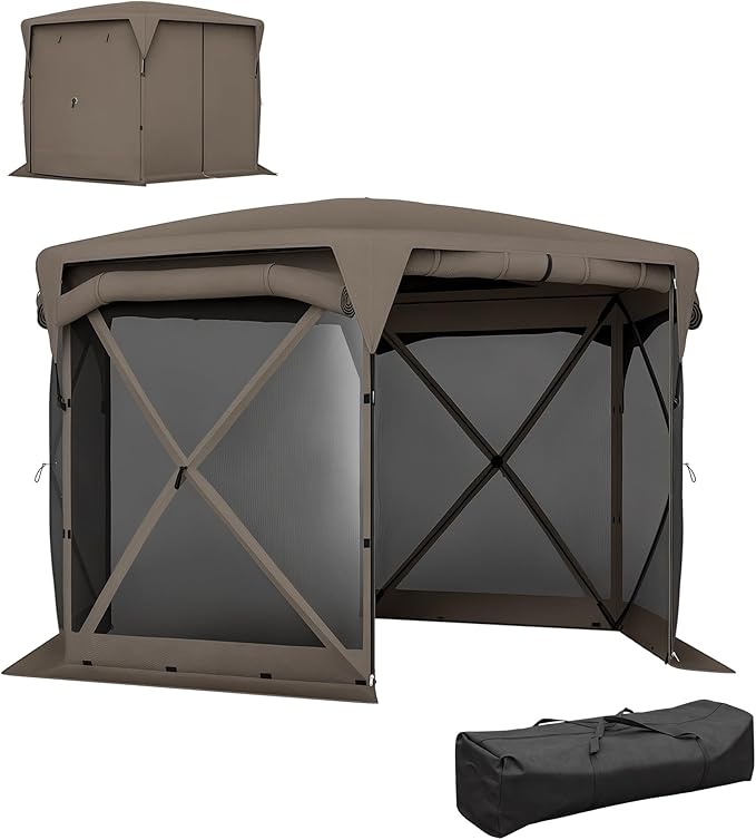 Outsunny Pop Up Gazebo Screen Tent House, 11 x 11ft with UPF30+ Removable Roof Cover, 4 Roll-up Wind Panels and Carry Bag for Camping, Patio, Backyard, Lawn, Brown