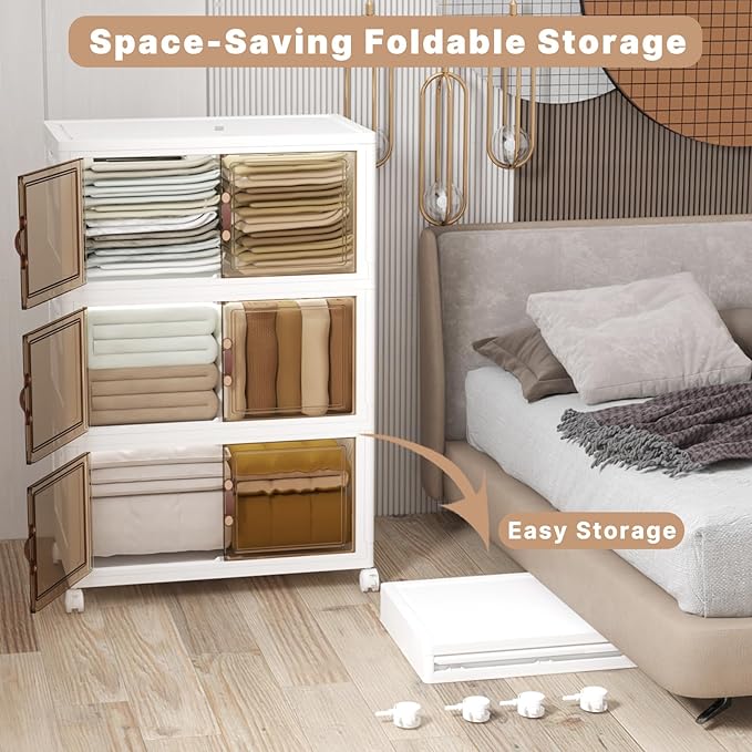 Extra Large Stackable Storage Binswith lids & Wheels, Foldable Collapsible Closet Organizers,672QT-168QT/42GAL*4Pack Plastic Containers with door & drawers for bedroom Dorm