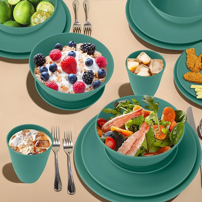40Pack plates and bowls sets for kids - Unbreakable wheat straw dinnerware sets service for 8 - Alternative plastic 40pcs dish sets for kitchen, camping and indoors dinning - (Green)