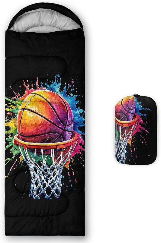 AILONEN Blue Glowing Basketball Sleeping Bag for Kids Boys,Warm and Cool Weather,Lightweight,Waterproof Backpacking,City Theme Ball Sports Sleeping Bag for Camping