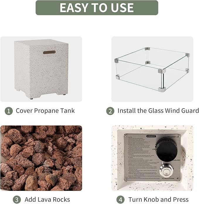 COSIEST 35-inch Square Outdoor Sandstone Propane Fire Pit w Wind Guard and Side Table, CSA Certified, 50,000 BTU Stainless Steel Burner, Free Lava Rocks and Rain Cover, Metal Lid(Beige)