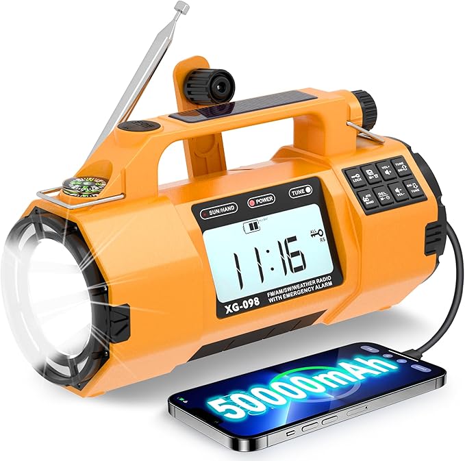 Emergency Alert NOAA Weather Radio with Hand Crank & Solar Power Portable AM/FM/SW Radio, Flashlight, Replaceable Battery, Cell Phone Charger, SOS Alarm, Power Outage Essentials for Outdoor