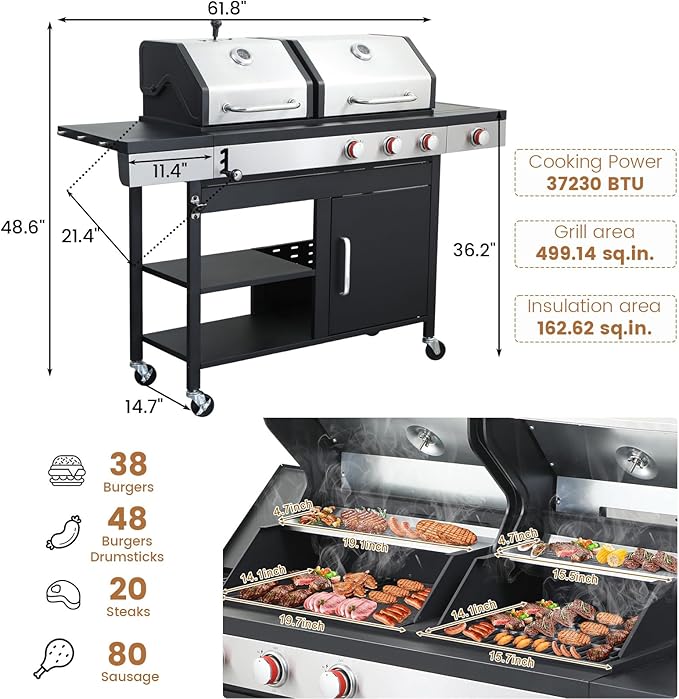 3-Burner Propane Gas BBQ Charcoal Grill Combo with Side Burner, 37230BTU Stainless Steel Barbecue Grill With Enameled Cast Iron Cooking Grids For Outdoor Camping