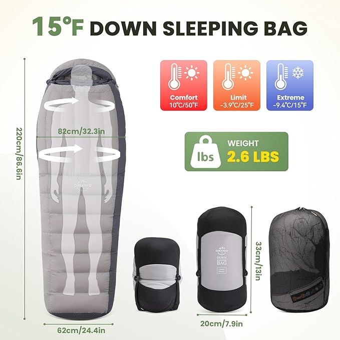 '-10°F 0°F 10°F 15°F Down Sleeping Bag for Adults,800/650 Fill Power,Ultralight Wearable 4 Season Cold Weather Rectangle Sleeping Bag for Camping Hiking,Can be Used as a Down Blanket or Cloak