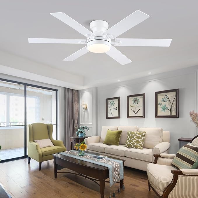 52" Low Profile Ceiling Fans with Lights and Remote, Modern Indoor Ceiling Fans with 3 Colors 6 Speeds, White Flush Mount Ceiling Light Fans for Bedroom