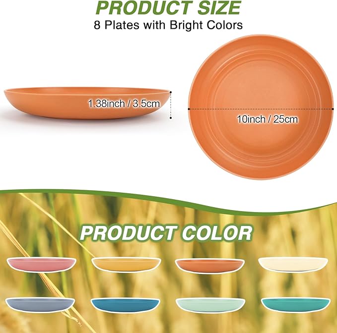 10 Inch Wheat Straw Dinner Plates Set of 8, Unbreakable Plastic Reusable Plates for Kitchen, Camping, Lightweight Deep Dinnerware Plate Set, Dishwasher and Microwave Safe Plates, Non-Toxic, BPA Free