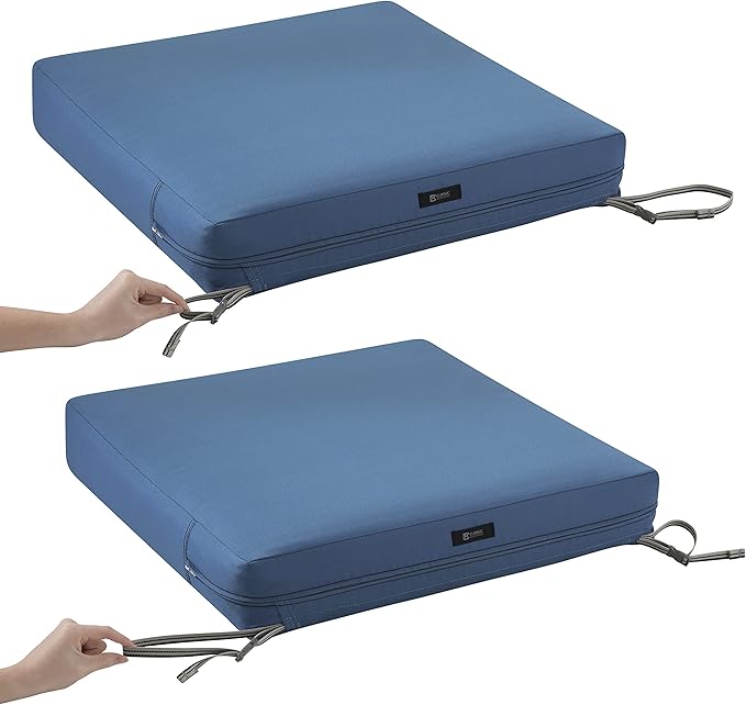 Classic Accessories Ravenna Water-Resistant 23 x 23 x 5 Inch Square Patio Seat Cushion Slip Cover & Foam, Empire Blue, Lounge Chair Cushion
