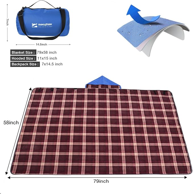 DUKUSEEK Waterproof Stadium Blanket with Hood, Wine Red Plain Waterproof Outdoor Blankets