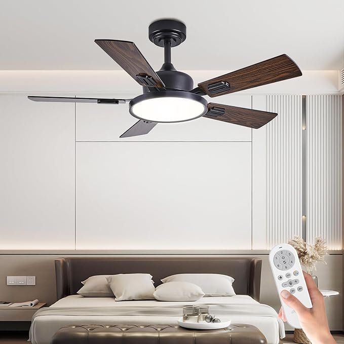 42" Ceiling Fans with Lights Remote Control, Black Ceiling Fan with Dimmable 3CCT LED Light, 6 Speeds Quiet Reversible Wood Ceiling Fan Light for Bedroom, Farmhouse, Garage, Office, Indoor Use