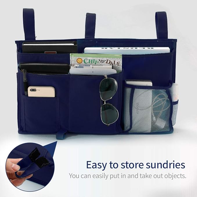 Bseash Bunk Bed Organizer, Bedside Caddy Hanging Bed Organizer Storage Bag 8 Pockets, for College Dorm Rooms Bed, Hospital Bed, Baby Bed Rails, 600D Oxford Cloth (Navy Blue)