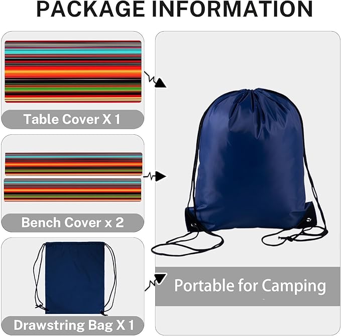 CAPSCEOLL Fitted Picnic Table Cover with Bench Covers with Elastic 6Ft Waterproof Camping Picnic Table Cover Cloths for Outdoors Camping Tablecloth with Drawstring Bag, 72X30in, Colorful Stripes