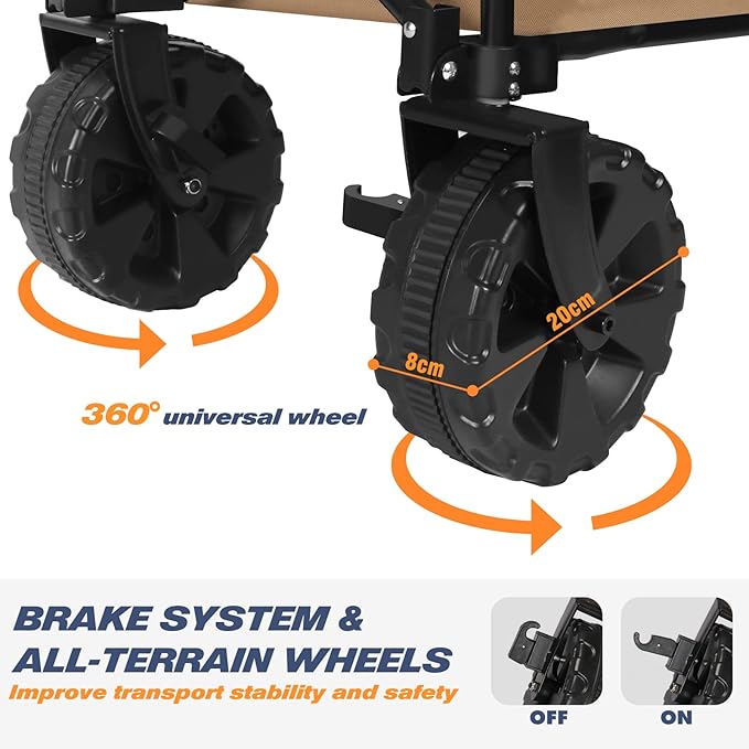 Chihee Folding Wagon Cart Garden Cart Heavy-Duty with 2 Cup Holders,Camp Cart for All-Terrain Wheels with Braking System Large Capacity Removable Fabric,for Sporting Events,Camping,Beach Trips