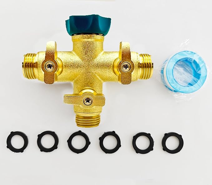 Brass High Flow 3 Way Hose Splitter Valve with Metal Handle, Heavy Duty High Flow Spigot Splitter with Shut off Valve, 3/4 Inch Garden Tap Splitter,6 Extra Rubber Hose Washers Included