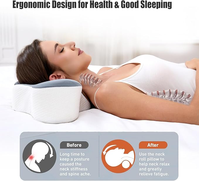 Bespilow Travel Pillow for Sleeping,Cervical Neck Support Pillow for Neck Pain Relief,Lightweight Ergonomic Memory Foam Camping Pillow,Portable Contour Pillows w/Travel Storage Bag,Cooling Cover