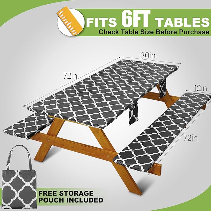 Fitted Picnic Table Cover with Bench Covers Waterproof Elastic Edges Rectangle Patio Tablecloth Outdoor Camping Essentials Stuff Rv Accessories Summer Trip Travel Supplies Party Camper Gifts, 6 ft