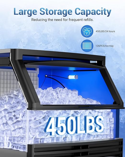 Commercial Ice Maker, 450Lbs/24H Under Counter Ice Maker Machine, 120Lbs Storage Bin, Adjustable Thickness Settings, Ideal for Home Bar Cafe Restaurants