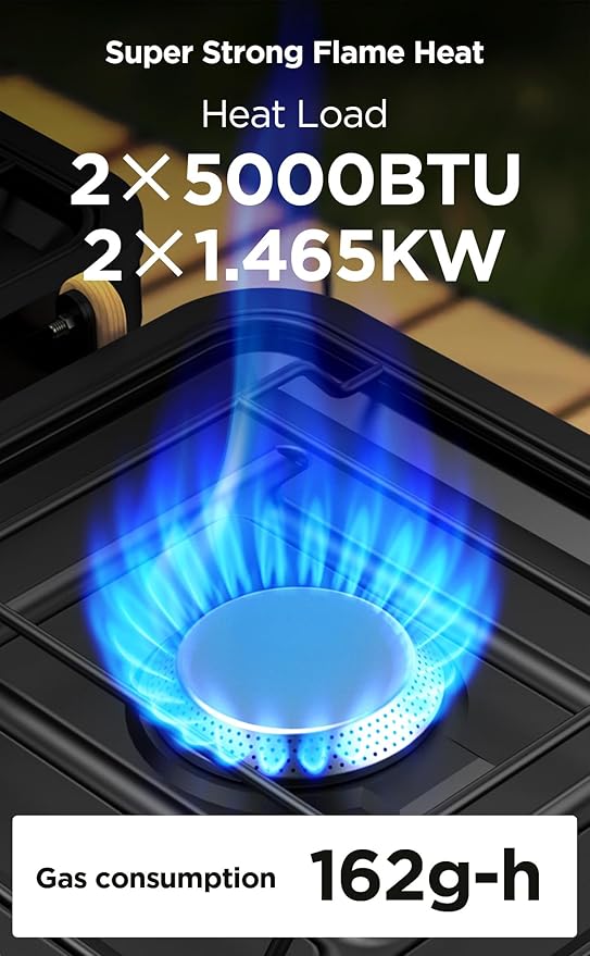 2 Burner Portable Propane Camping Stove, 2×5000 BTU Metal Compact Foldable Gas Burners Outdoor Cooking Stove with CGA600 5430 Propane Hose, Adjustable Flame, for Camping, Tailgating, Cooking Outdoor