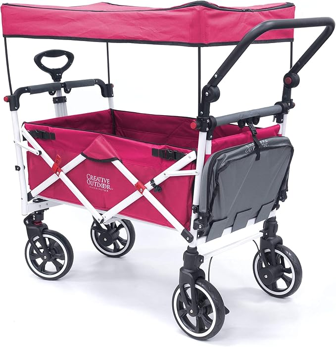 Creative Outdoor Wagon for Kids Push Pull Collapsible Stroller with Canopy Folding Cart | Titanium Series Plus | Beach, Park, Garden (Solid Pink)
