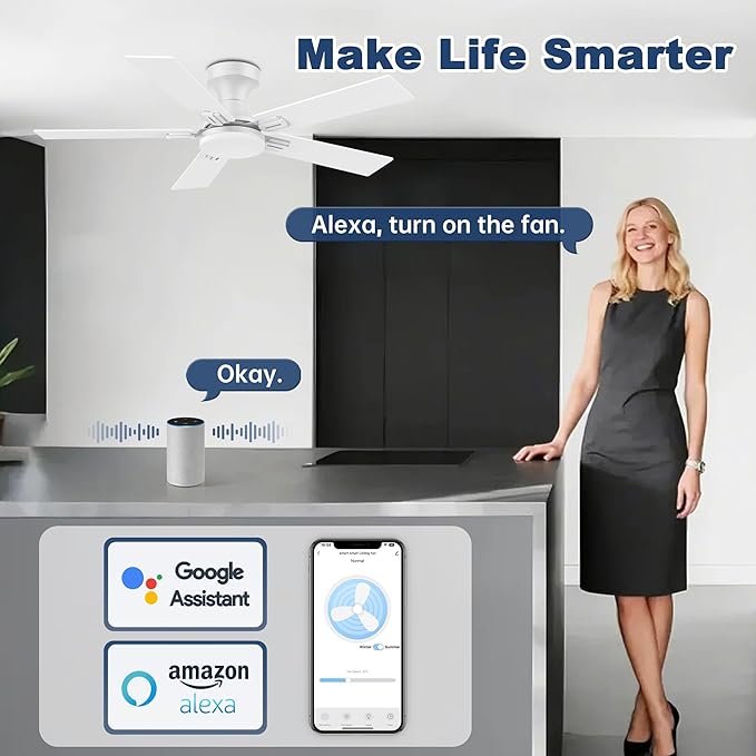 42 inch Smart Low Profile Ceiling Fan with Lights Remote,Quiet DC Motor,WIFI Control via Voice Alexa,App, Easy to Install,Flush Mount Outdoor Indoor Fans for Small Bedroom Patio Porch,White& Wood