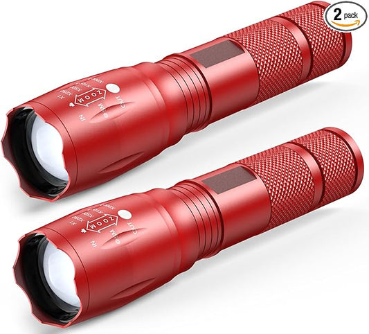 1 Mode Flashlights 2 Pack, Super Bright Zoomable LED Tactical Flashlight High Lumens, Water Resistant Portable Pocket Flash Light for Emergency, Camping, Home, and Gift - Red