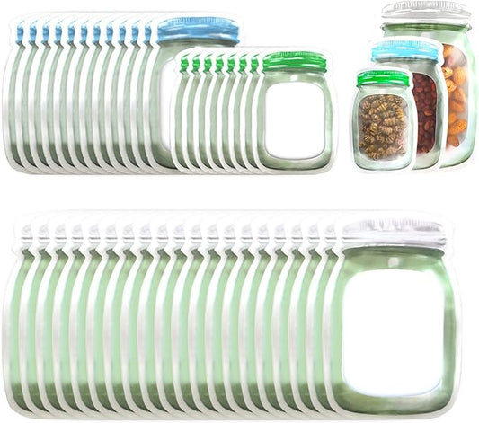 Enkrio 40 Pcs Reusable Mason Jar Zipper Bags Airtight Food Storage Freezer Snack Bags for Kitchen Travel Camping (8S 12M 20L)